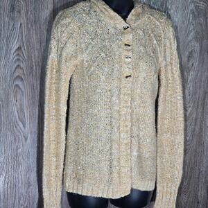 BKE Cardigan Hooded Cable Knit Button Up Sweater Medium Tan Marled